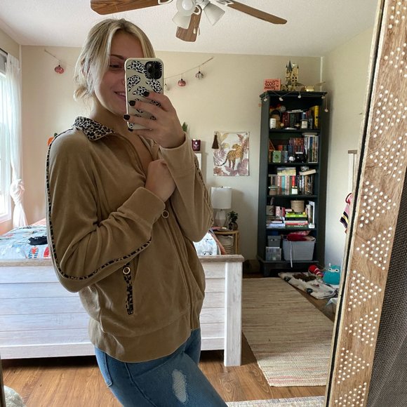 Tangerine Tan Cheetah Print Velour Full Zip Sweatshirt - Picture 2 of 8